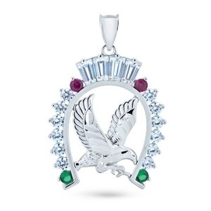 Rhodium Plated 925 Sterling Silver CZ Horse Shoe Eagle Center Pendant